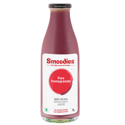 1 litre Smoodies Pure Pomegranate Juice chilled bottle that says 100% natural all fruit juice
