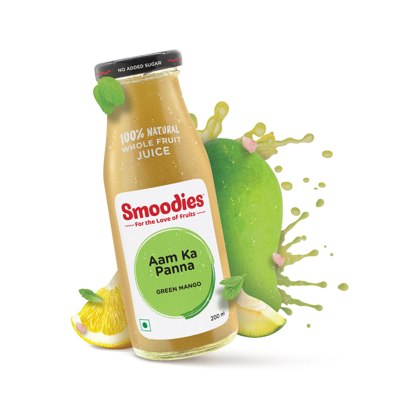 200ml Smoodies Aam Panna (green mango) chilled bottle that says 100% natural all fruit juice