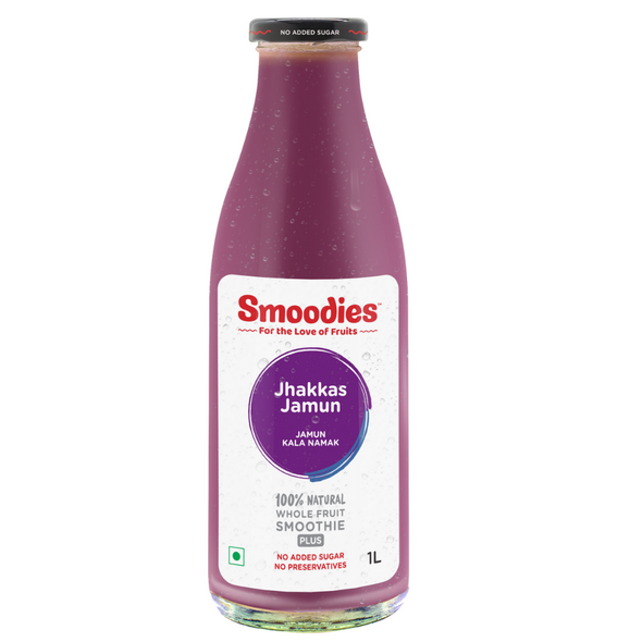 1 litre Smoodies Jamun & Black Salt Smoothie chilled bottle that says 100% natural all fruit juice