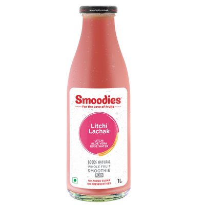 1 litre Smoodies Litchi & Aloe Vera Juice chilled bottle that says 100% natural all fruit juice