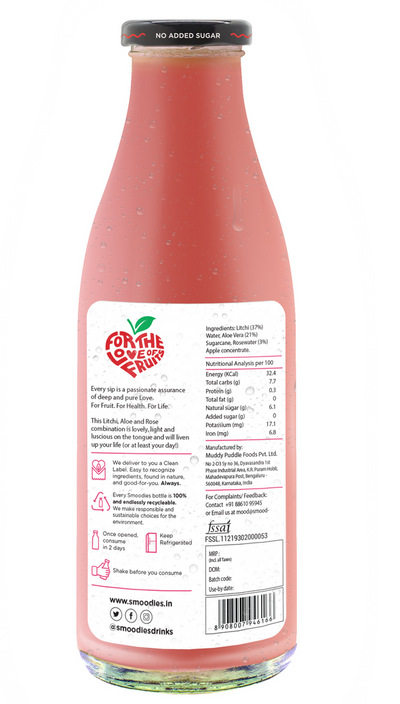 1 litre Smoodies Litchi & Aloe Vera Juice chilled bottle that says 100% natural all fruit juice