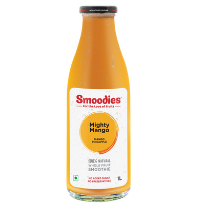 1litre Smoodies Mango Smoothie chilled bottle that says 100% natural all fruit juice