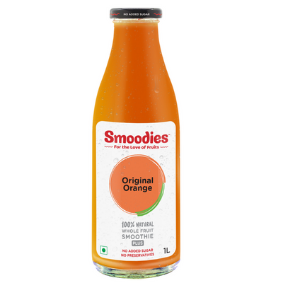 1 litre Smoodies Original Orange Juice chilled bottle that says 100% natural all fruit juice