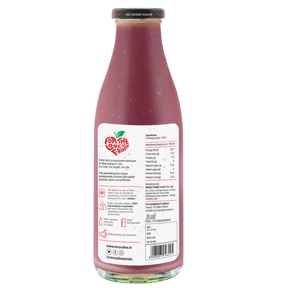 1 litre Smoodies Pure Pomegranate Juice chilled bottle that says 100% natural all fruit juice