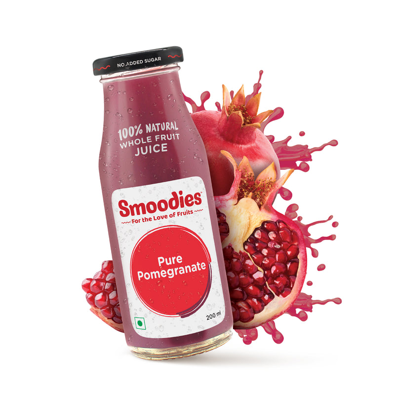 200ml Smoodies Pure Pomegranate Juice chilled bottle that says 100% natural all fruit juice