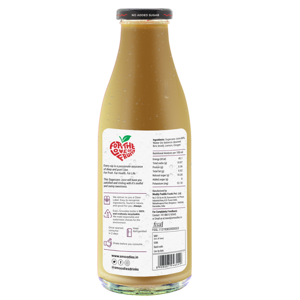1 litre Smoodies Sugarcane with Ginger chilled bottle that says 100% natural all fruit juice