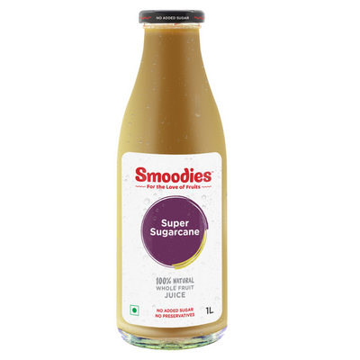 1 litre Smoodies Sugarcane with Ginger chilled bottle that says 100% natural all fruit juice