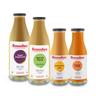 Smoodies 1 litre Sugarcane & Aam Panna, 200ml Mango & Orange chilled bottles (pack of 4)